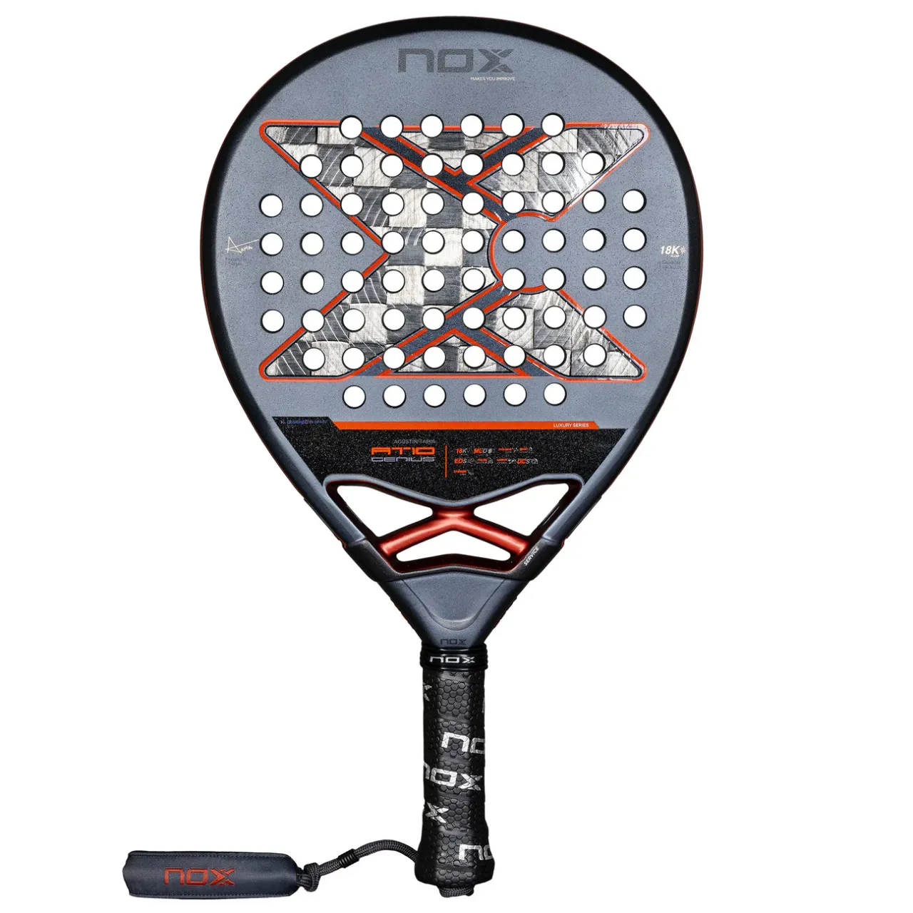 Nox AT10 Genius 18K Alum mit Carbon-Schlagfläche und runder Kopfform – kontrollorientierter Premium-Padelschläger mit präziser Ballführung, hoher Stabilität und modernem Design