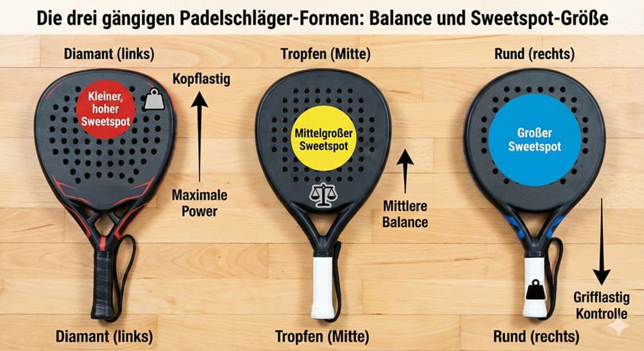 Diamant vs. Tropfen vs. Runde Padelschlägerform im Vergleich