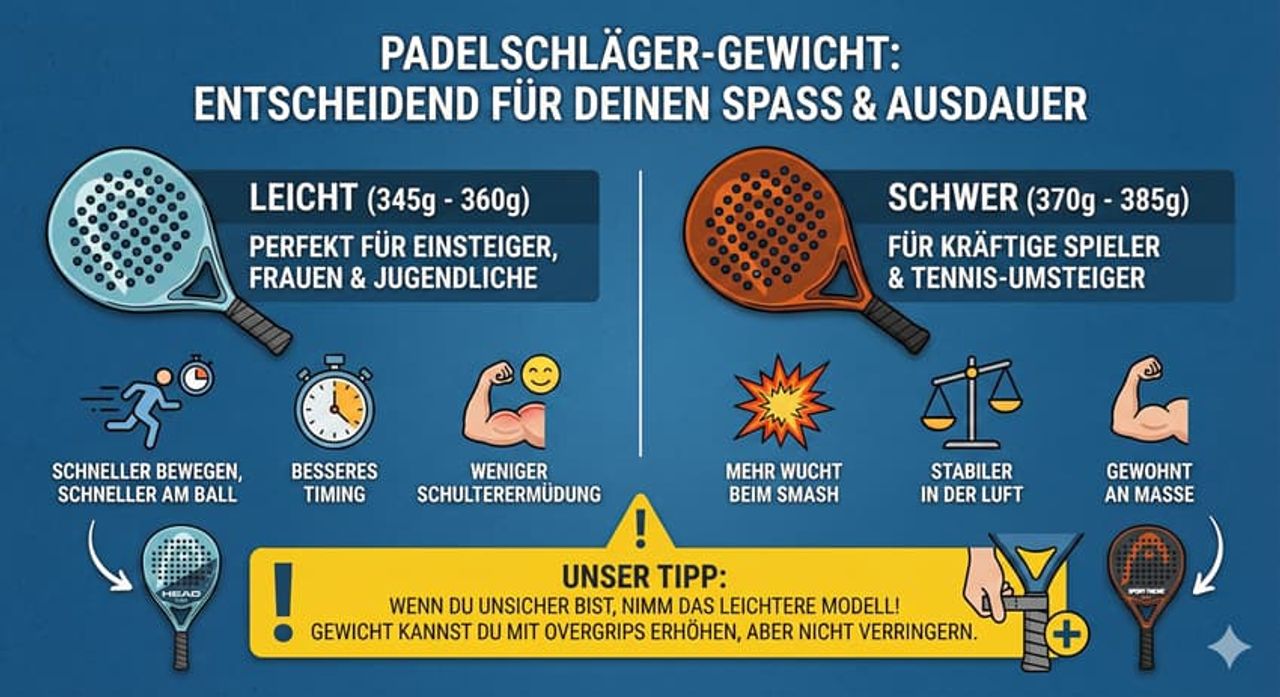Padelschläger-Gewicht Vergleich – Infografik zeigt leichte und schwere Padelschläger mit Gewichtsbereichen, Vorteilen für Einsteiger und kraftvolle Spieler sowie Einfluss auf Ausdauer, Timing und Schlagkraft