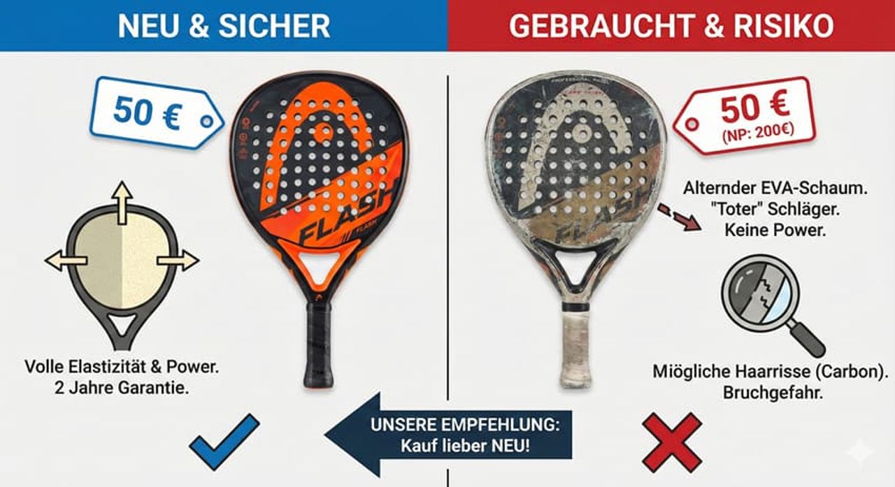 Padelschläger Vergleich neu vs. gebraucht – Infografik zeigt Vorteile neuer Padelschläger mit voller Elastizität und Garantie sowie Risiken gebrauchter Schläger wie Materialermüdung, Powerverlust und mögliche Risse