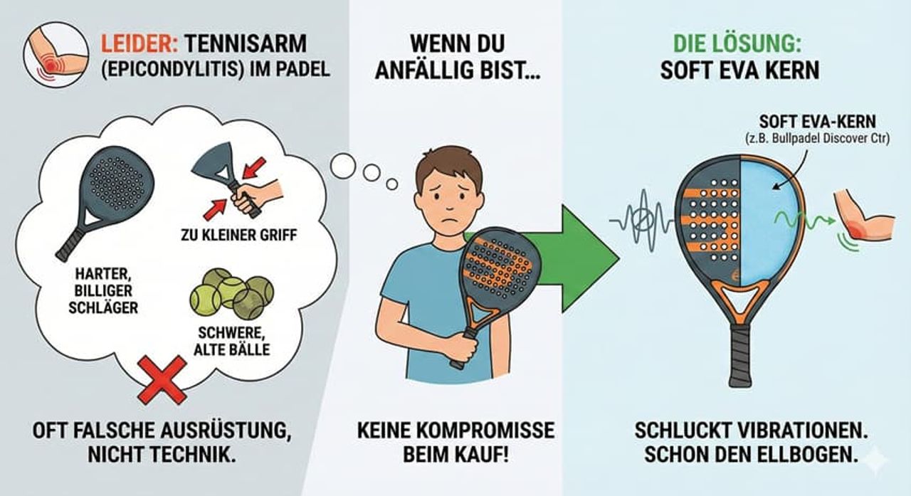 Padel-Tennisarm (Epicondylitis) Erklärung – Infografik zeigt Ursachen wie harten Schläger, falsche Griffgröße und alte Bälle sowie Lösung mit Soft-EVA-Kern zur Vibrationsdämpfung und Schonung von Ellenbogen und Arm