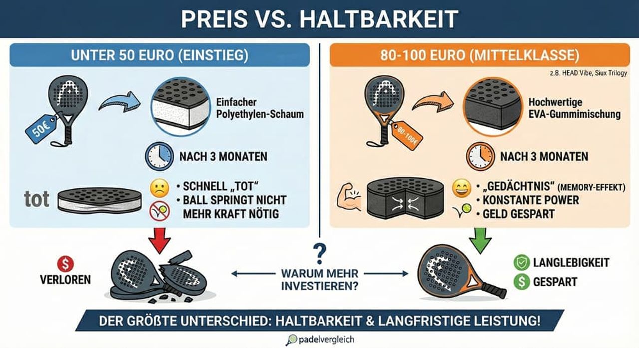 Padel-Schläger Vergleich Preis vs. Haltbarkeit – Infografik zeigt Unterschiede zwischen günstigen Einsteiger-Modellen unter 50 Euro und langlebigen Mittelklasse-Schlägern mit besserer Performance und Memory-Effekt
