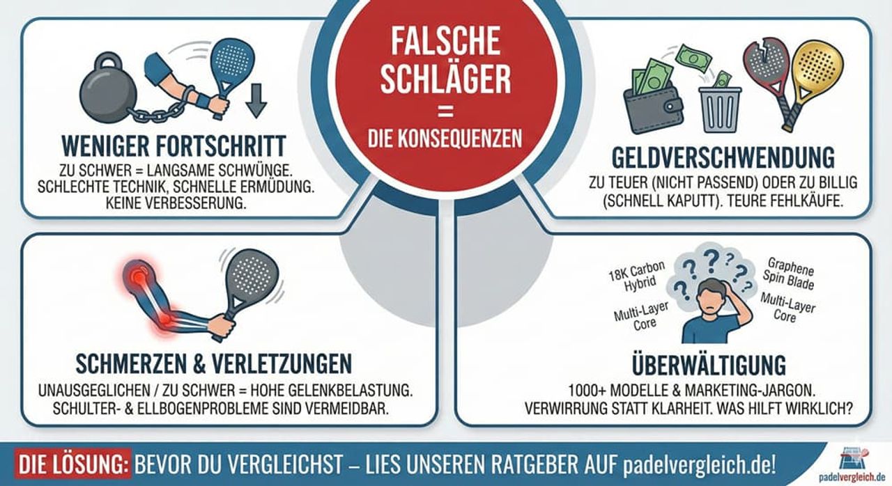 Infografik zu den Folgen falscher Padelschläger – zeigt Nachteile wie langsamen Fortschritt, Geldverschwendung, Schmerzen und Verletzungen sowie Überforderung durch zu viele Modelle und Marketingbegriffe