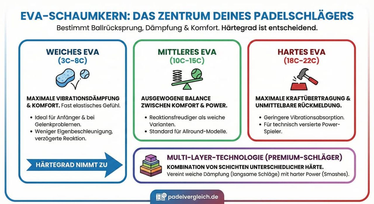 EVA-Schaumkern im Padelschläger – Infografik zum Vergleich von weichem, mittlerem und hartem EVA mit Fokus auf Vibrationsdämpfung, Komfort, Power, Rückmeldung und Spielertypen von Anfänger bis Fortgeschrittene
