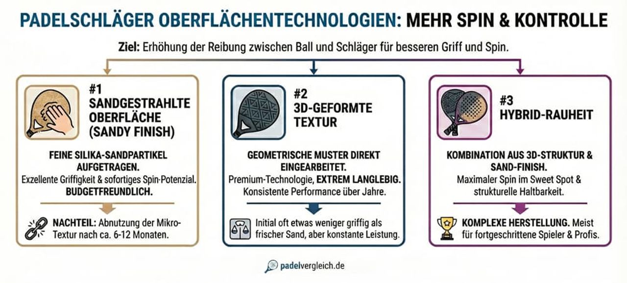 Padelschläger Oberflächentechnologien Vergleich – Infografik zu sandgestrahlter Oberfläche, 3D-geformter Textur und Hybrid-Rauheit für mehr Spin, besseren Grip und höhere Kontrolle beim Padelspiel