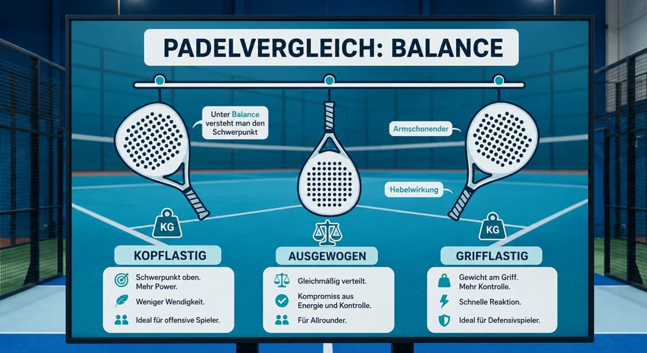 Padelschlägervergleich: Balance Padelschläger Balance Vergleich: kopflastig, ausgewogen und grifflastig erklärt mit Schwerpunkt, Kontrolle, Power und Wendigkeit.