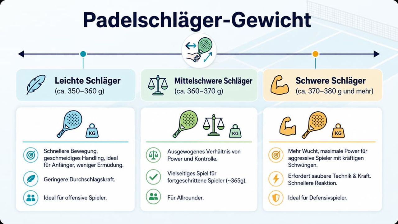 Das Gewicht eines Padelschlägers und sein Einfluss aufs Spiel Übersicht zum Padelschläger-Gewicht – Vergleich von leichten, mittelschweren und schweren Padelschlägern mit Gewichtsangaben, Spieleigenschaften sowie Einfluss auf Kontrolle, Power und Handhabung