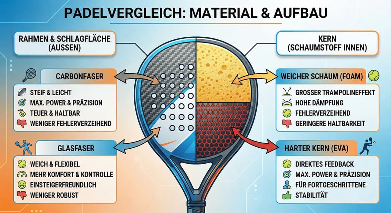 Padelvergleich - Material & Aufbau Padel-Vergleich zu Material und Aufbau – Grafik zeigt Unterschiede bei Carbon- und Glasfaser-Schlägerflächen sowie weichem Schaumkern und hartem EVA-Kern in Bezug auf Power, Kontrolle, Komfort und Haltbarkeit