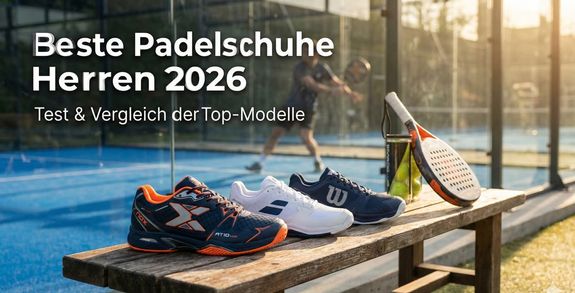 Beste Padelschuhe Herren 2026: Nox AT10 Lux, Babolat Jet Premura 2 und Wilson Bela Tour auf einer Holzbank am Padel-Court, mit Padelschläger und Bällen im Hintergrund, präsentiert für den großen Test und Vergleich.